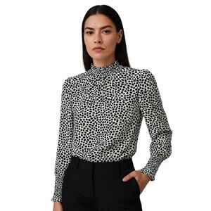 Primark Black White Animal Print Ruffle Neck Long Sleeve Blouse